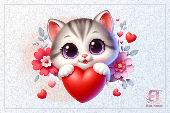 Adorable Kitten with Red Heart and Flowers Clipart