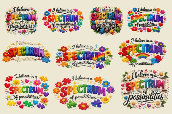 Autism Awareness Rainbow Floral Faux Embroidery Design