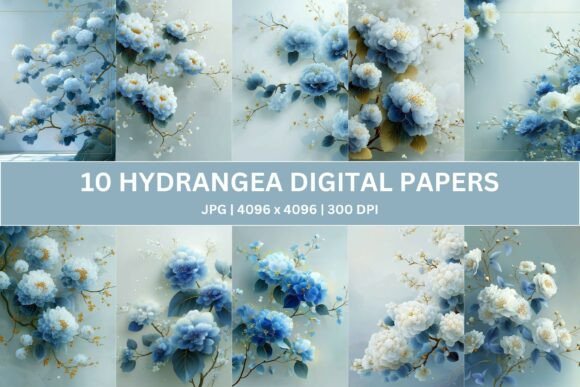Blue Gold Zen Hydrangea Digital Paper for Creative Projects